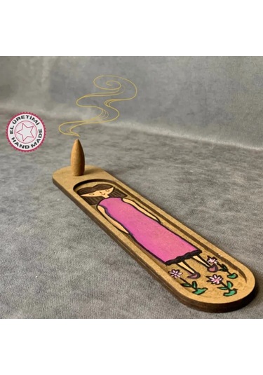 Uretti - Pınar 2572 - El Yapımı Pembe Elbiseli Şirin Kız Ahşap Tütsü Kayığı - 5 X 25 Cm