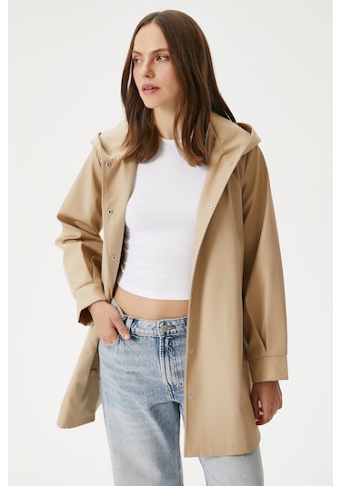 Ritnice Kadın Trendy Kapüşonlu Çıtçıtlı Bej Trençkot Bej