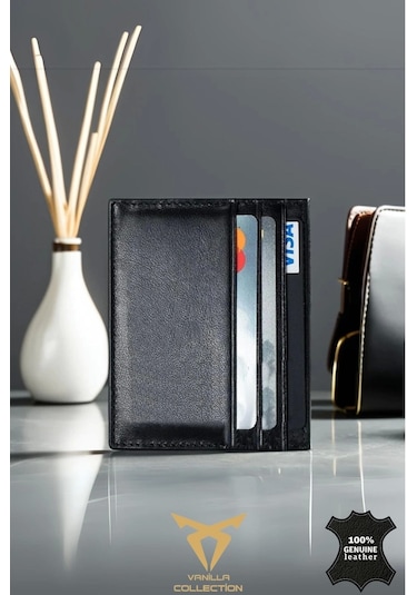 Orijinal Hakiki Deri Süper Ince Model Unisex Kartlık Kartvizitlik Portföy Otomatik Kartlık Hediyeli Siyah