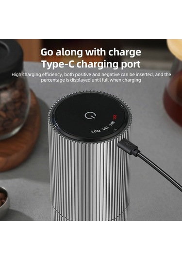 Createtech Taşınabilir Şarj Edilebilir Seramik Kahve Değirmeni - Ayarlanabilir Öğütme, Dokunmatik Led, French Press/drip, Siyah Siyah