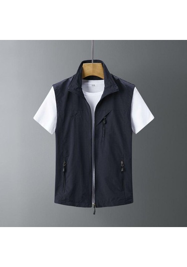 Büyük Beden Erkek İlkbahar Yaz Açık Hava Yeleği Günlük Balıkçılık Yeleği Dik Yaka Kolsuz Ceket Lacivert