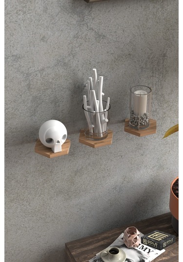 Duvar Rafı Dekoratif 3 Adet Çiçeklik Altıgen Ceviz