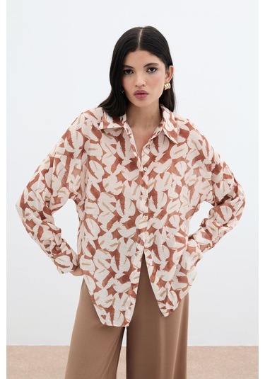 Desenli Viskon Gömlek - Kahve-136023 Kahve