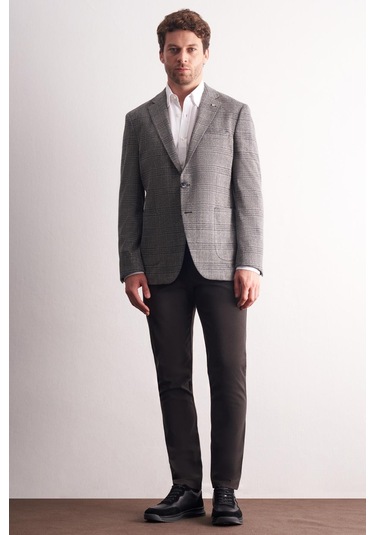 Siyah Mono Yaka Ekose Desen Pamuklu 6 Drop Comfort Fit Classic Ceket 1002255152 Siyah