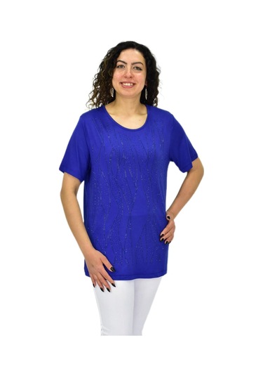 Kadın Viskon Taşlı Kısa Kol Bluz Bgl-st04679 Saks Mavi