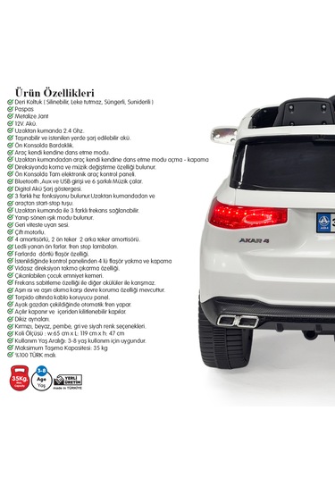 Akar Boss Gt 12v Uzaktan Kumandalı Akülü Araba - Dans Modlu Beyaz