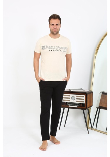 Akbeniz Erkek Kısa Kol Penye Pijama Takımı 6866 Krem Krem
