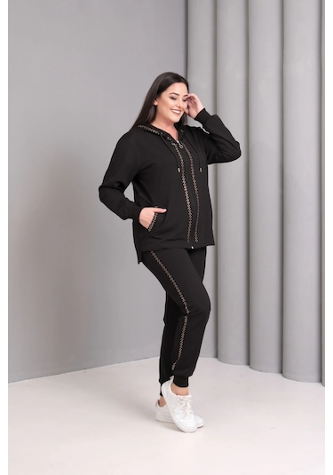 Şerit Taş Baskılı Takım Siyah