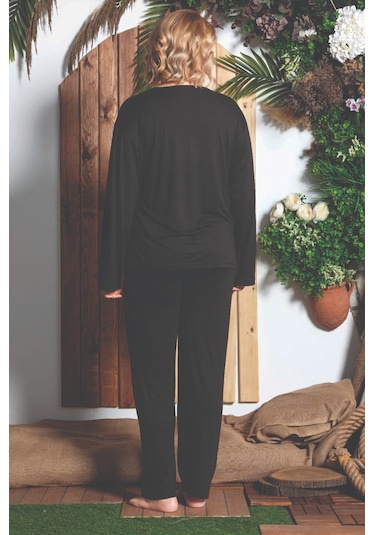 Lukitus Uzun Kol Büyük Beden Bambu Kadın Pijama Takım Siyah