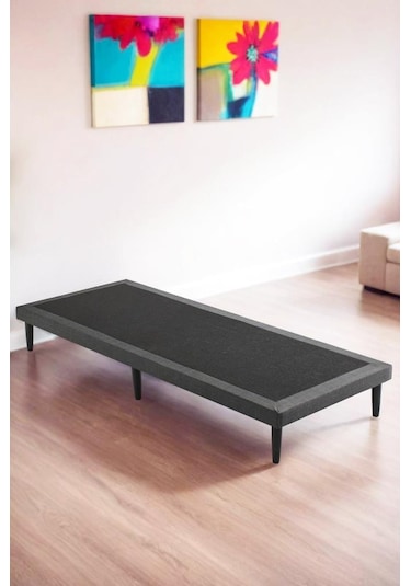 Niron Slim Karyola 100x200 Tek Kişilik Baza, Metal İskeletli Yüksek Ayaklı Koyu Gri Keten Kumaşlı