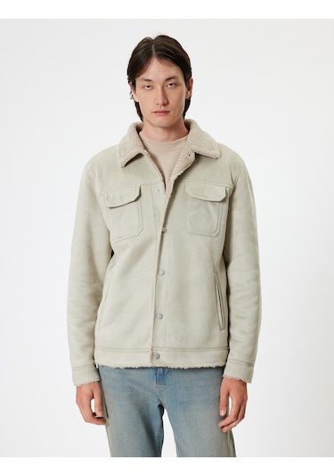 Koton Süet Görünümlü Ceket Slim Fit Peluş Detaylı Gömlek Yaka Bej 5wam20075hw Ekru