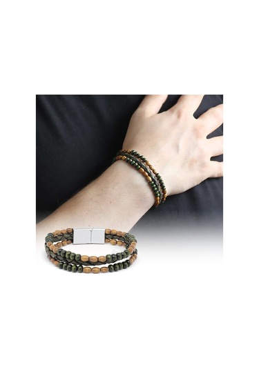 Ahşap Taşlı Sarı-Yeşil Renk Deri Ahşap Erkek Bileklik Çok Renkli