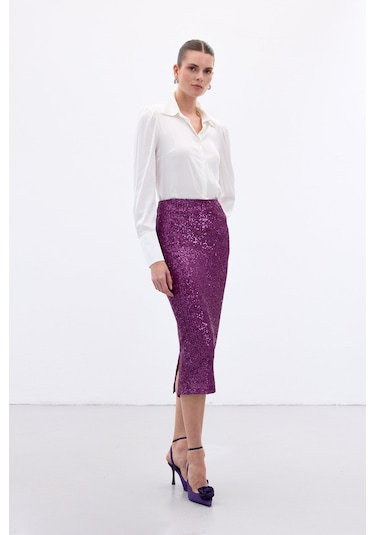 Sateen Payet Detaylı Kalem Etek - Mürdüm-136656 Mürdüm