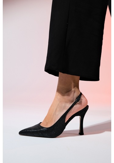 Luvishoes Andes Siyah Çizgili Kadın Sivri Burun Arkası Açık Yüksek Topuklu Ayakkabı Siyah