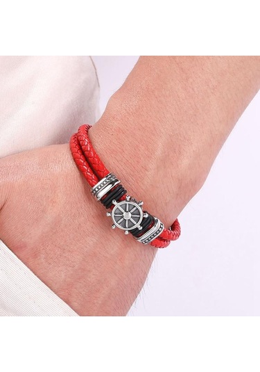 Erkekler İçin Hakiki Deri Bileklik Punk Örgülü İp Çelik Düğme Erkek Bileklik Takı Doğum Günü Hediyesi Kırmızı