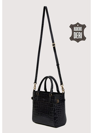 Hakiki Deri Kadın El Çantası Siyah Kroko Smr7922 Siyah Kroko