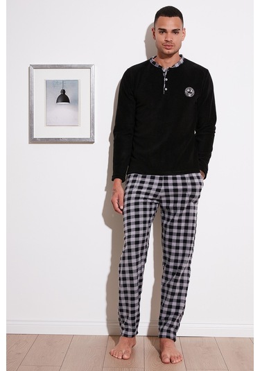 Buratti Ekoseli Regular Fit Düğmeli Bisiklet Yaka Kışlık Polar Erkek Pijama Takımı 60961002 Siyah