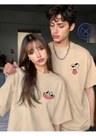 Nevermind Sevgili Kombini Tişört 2 Li Set Unisex Minimal Yüz Baskılı Çift T Bej