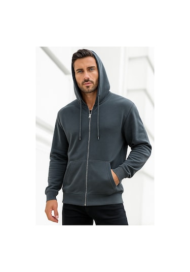 Rich Erkek Füme Kapüşonlu Kanguru Cepli Fermuarlı Sweatshirt Füme