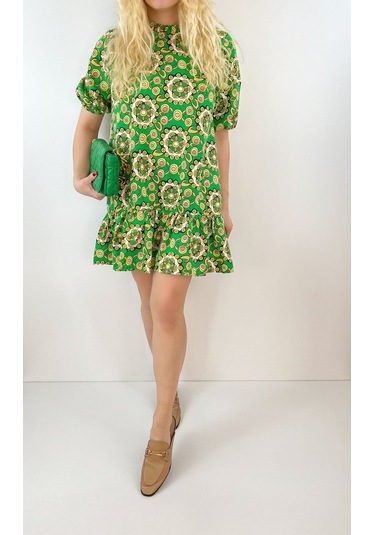Modaonna Kadın Yeşil Etnik Desenli Kloş Elbise Yeşil
