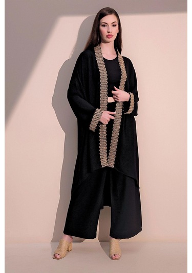 Kadın Siyah Şık Hasır Detaylı Kuşaklı Salaş Kimono - Tesettüre Uygun Siyah