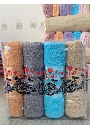 Happy Bicycle 4lü Nakışlı Çeyizlik Havlu Takımı Çok Renkli