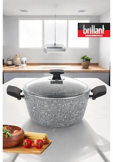 Brillant Lüks Granit Derin Tencere 28 Cm Yanmaz Yapışmaz Tencere Gri