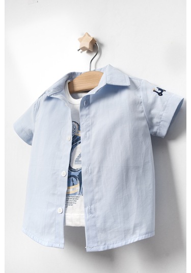 Yazlık Motor Baskılı Gömlekli Bebe Erkek 3'lü Takım Mavi