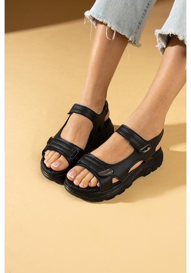 Shoetek Ksenia Kadın Sandalet Bantlı Siyah Deri Siyah