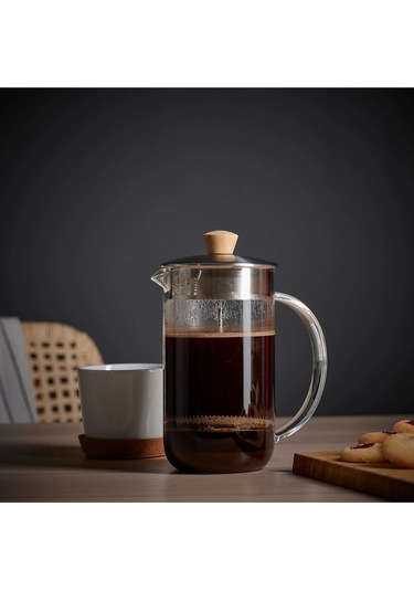 French Press Çay Kahve Demleme Paslanmaz Çelik & Cam & Bambu 1 Litre Gri