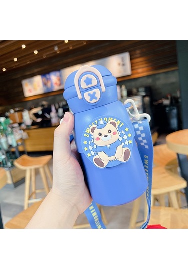 Tuomeng Karikatür Sevimli Çocuk Termos Bardak Açık Taşınabilir Öğrenci Anti-sonbahar Bebek Su Bardağı Gök Mavisi