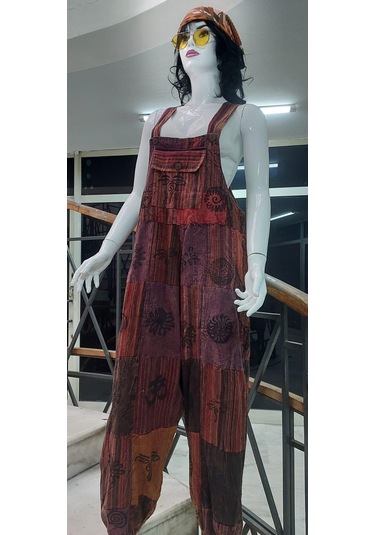 Hint Otantik Yıkamalı Taşlanmış Kahve Tonlu Şalvar Tulum Çok Renkli