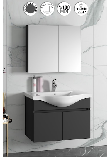 Yıldız 80 Cm Antrasit Gri Mdf Lavabolu Asma Banyo Dolabı Takımı Antrasit - Gri