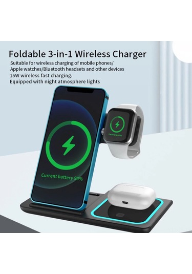Jeemson 3-in-1 Çevirilebilir Kablosuz Şarj Aleti: İphone, İwatch Ve Airpods İçin 15w Hızlı Şarj, Işıklı Ambiyans Ve Çoklu Güvenlik Koruması