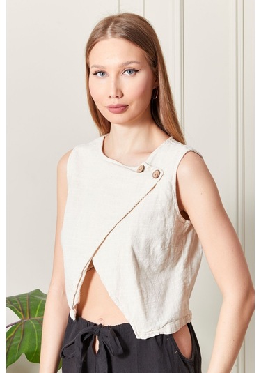 Şık Farklı Tarz Asi Keten Bluz - Modern Ve Cesur Tasarım Beyaz