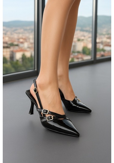 Günlük Kadın Sivri Burun Ayarlanabilir Kemer Detaylı Arkası Açık Klasik İnce Topuk Ayakkabı 922-64 Siyah