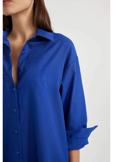 DeFacto Regular Fit Pamuklu Plaj Gömleği-Fall in Love W8241AZ24SMBE114 Mavi DeFacto Regular Fit Pamuklu Plaj Gömleği-Fall in Love W8241AZ24SMBE114 Mavi