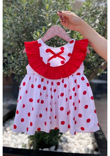 Kırmızı Fırfır Ve Benekli Beyaz Pamuklu Yazlık Elbise 001