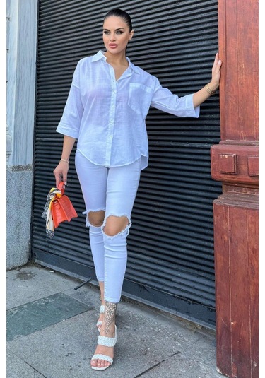 Kadın Beyaz Truvakar Kol, Oval Kesim, Terletmez, Flamlı Keten Salaş Gömlek Beyaz