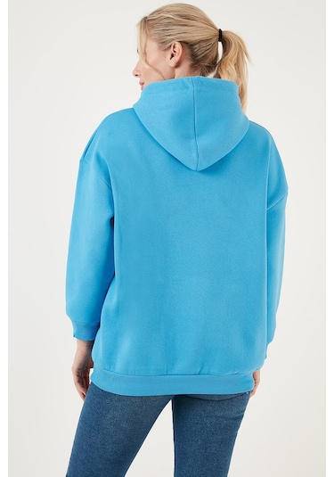 Lela Regular Fit Pamuklu Kapüşonlu Yaka Şardonlu Kışlık Bayan Sweat 5863854 Turkuaz