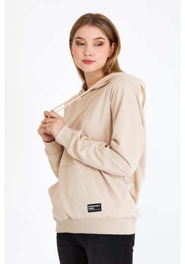 Comeor Kadın Bej Basic Kapüşonlu Regular Fit Rahat Sweatshirt 001