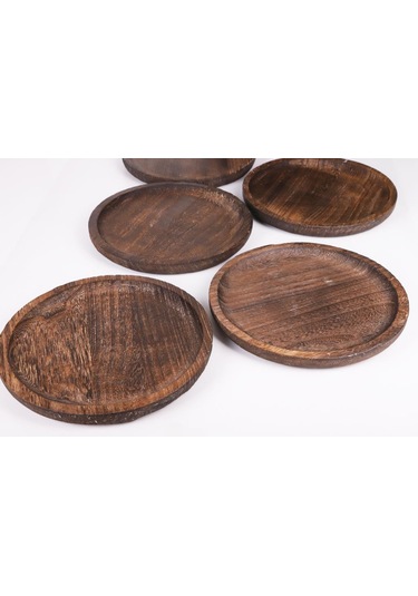 Bambum Patrin Doğal Ahşap Yuvarlak Küçük Tabak 6 Lı Set 25x2 Cm Kahverengi