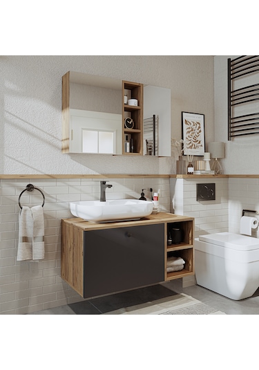 Lavabolu Mdf 95 Cm Lotus Oval Lavabolu Banyo Atlantik Çam - Antrasit