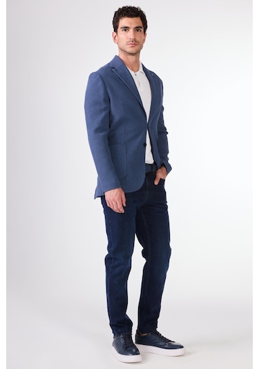 Dufy Mavi Erkek Slim Fit Desenli Mono Yaka Ceket - 95376 Mavi