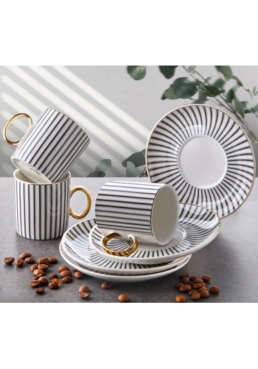 Gönül Porselen Çizgi Desen 6 Kişilik Kahve Takımı Beyaz