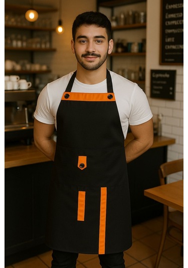 Boydan Askılı, Cepli, Servis Önlüğü 1 Adet Siyah-turuncu