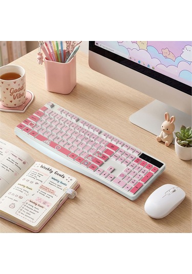 Kablosuz Klavye Mouse Seti Kedi Temalı Sessiz Pembe Beyaz Retro Tablet Laptop Pc Uyumlu Optik