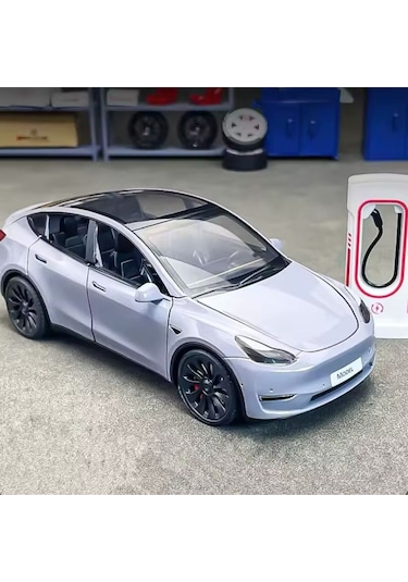 Tesla Model Y 1:24 Ölçek Diecast Döküm Model Araba Sesli Işıklı Gri Jarj İstasyonlu Model