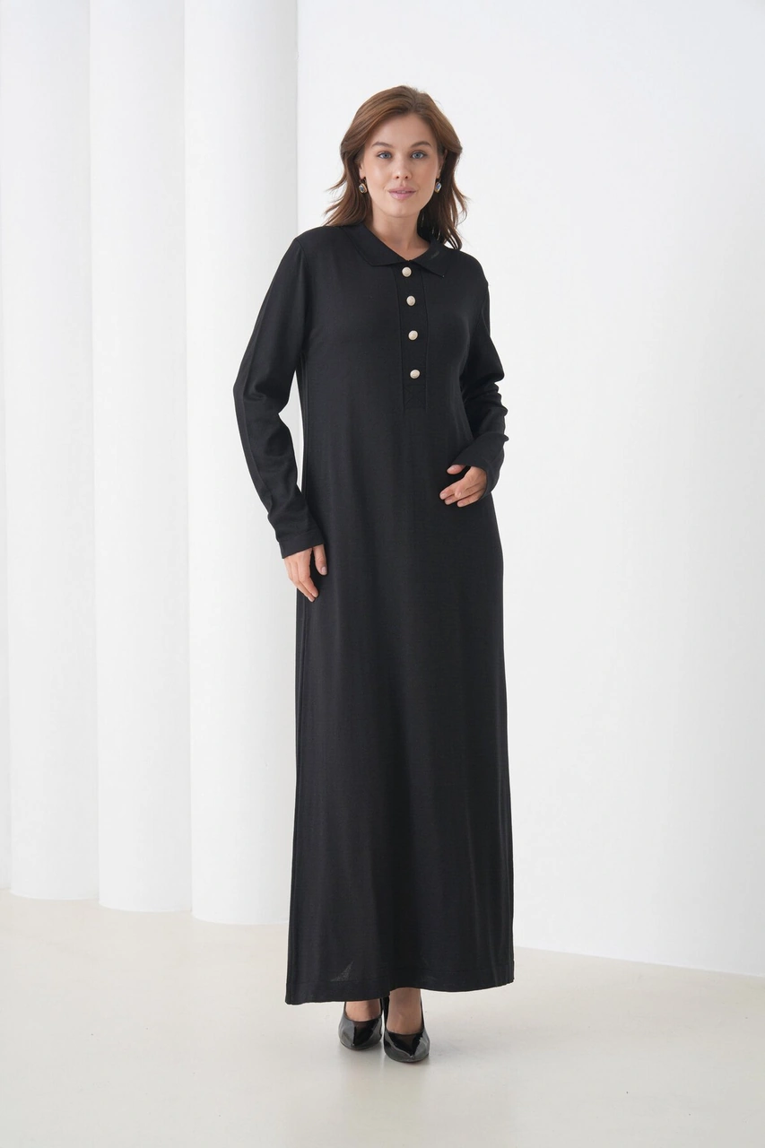 Kadın Uzun Kol Gömlek Yaka Triko Önden Düğmeli Triko Spor Şık Elbise Siyah