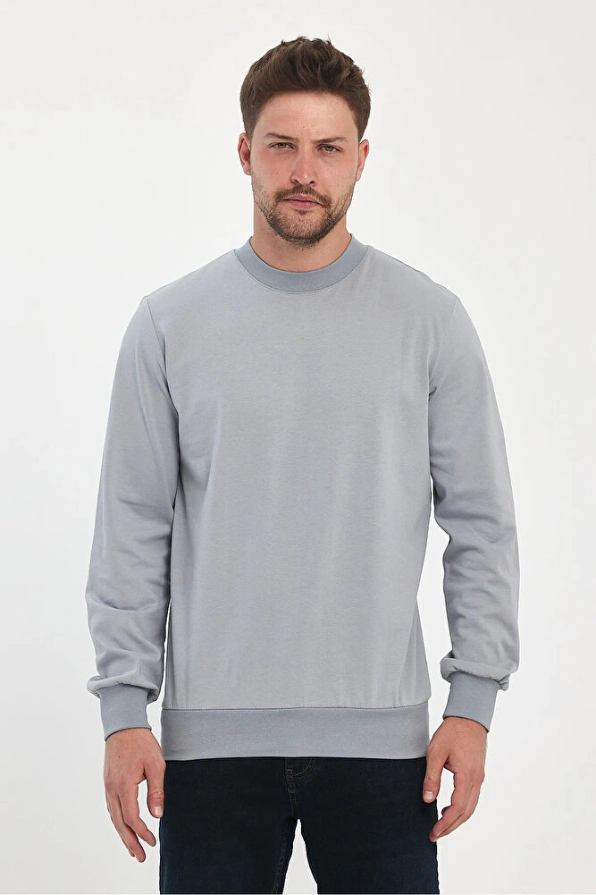 Erkek Bisiklet Yaka Baskısız Rahat Kalıp Mevsimlik Sweatshirt Gri